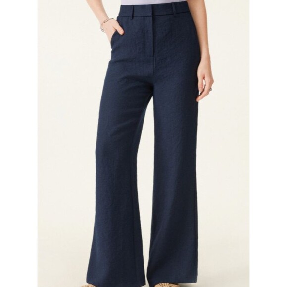 OGL Navy Linen Blend High Waist Flare Pants Size Small - Picture 1 of 10